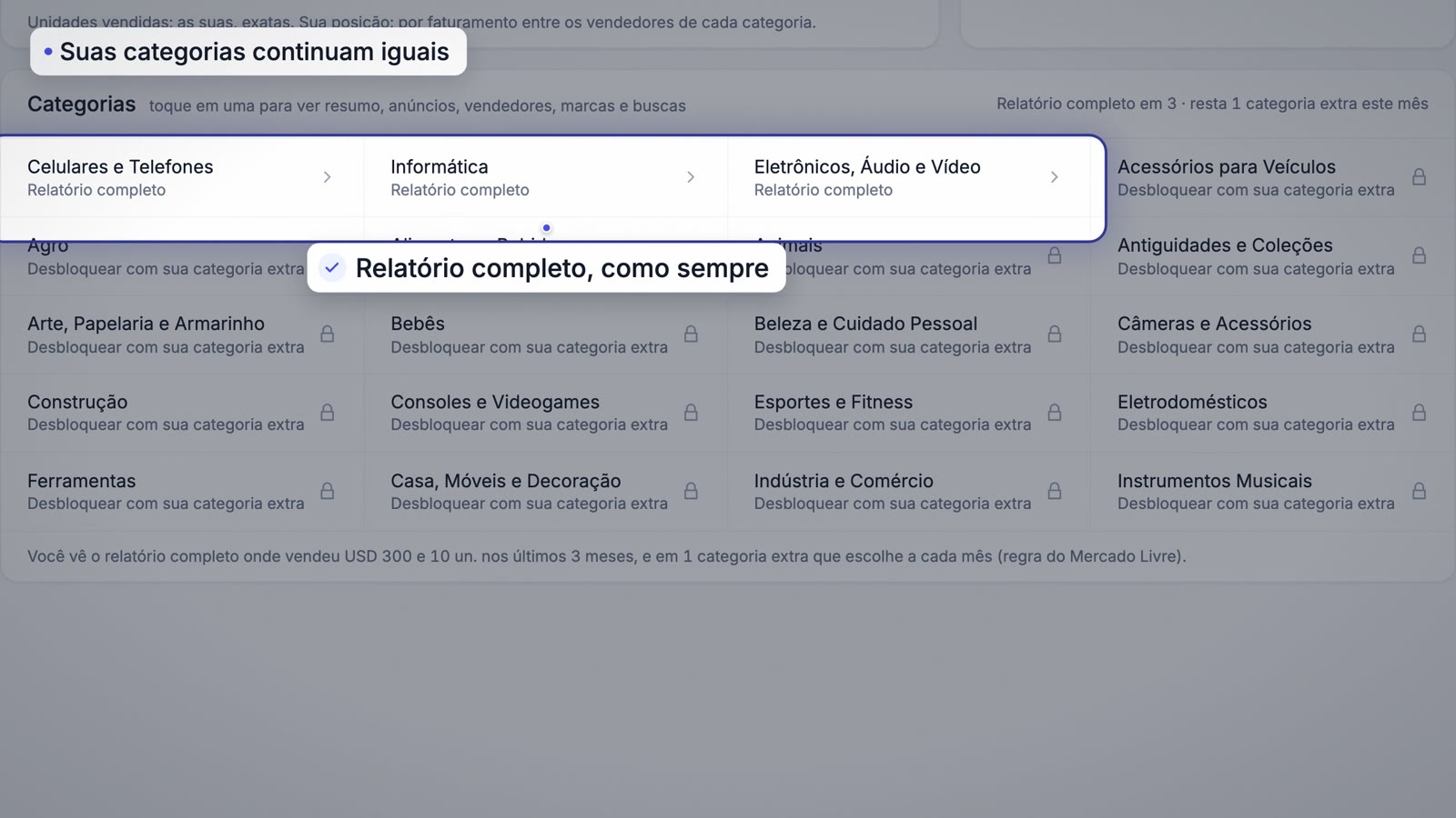 Suas categorias com relatório completo