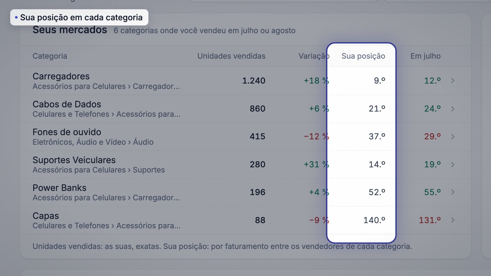 Seus mercados: unidades, variação e posição em cada categoria